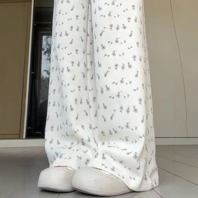 Apricot Ice Silk Floral Sweatpants for Women, Summer Thin Casual Petite Straight Wide-Leg Pants, Loose American-Style Sweatpants
