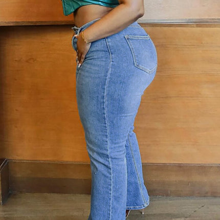 Guangzhou Foreign Trade In-Stock Amazon Tiktok Pop Plus-Size Women's Jeans, Mid-Elastic Mid-Waist Straight-Leg Pants