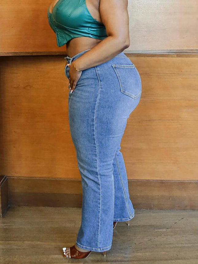 Guangzhou Foreign Trade In-Stock Amazon Tiktok Pop Plus-Size Women's Jeans, Mid-Elastic Mid-Waist Straight-Leg Pants