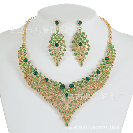 Alloy Clavicle Chain Court Temperament European and American Retro Exaggerated Temperament Crystal Gem Short Necklace Earrings Set Dinner Party