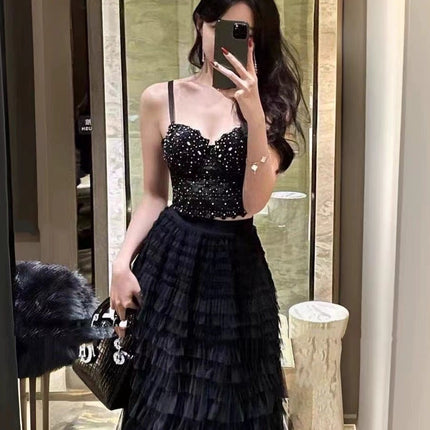 Socialite Sexy bling Lace Tube Top Beaded Sling Short Off-the-Waist Vest Tousled Long Skirt Cake Skirt suit