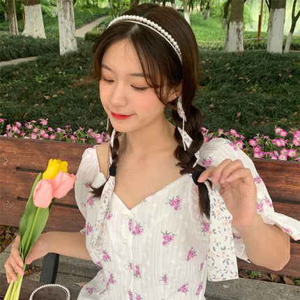 Sweet Floral Pearl Long Strap Hair Band Headband Summer New Sweet Tie Hair One-piece Pressure Hair Headband Women