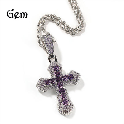 European and American Hip Hop Cross Pendant Jewelry Necklace Large Copper Set Purple Zircon Light Luxury Sweater Necklace Wholesale