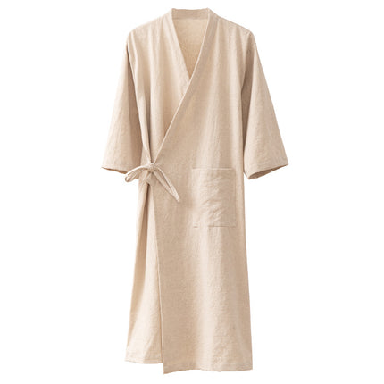 Spring and Summer Linen Cotton and Linen Chinese-Style Side-Breasted Bathrobe Bathrobe Home Wear Set Mid-Length Nightgown Bathing Spa Hotel