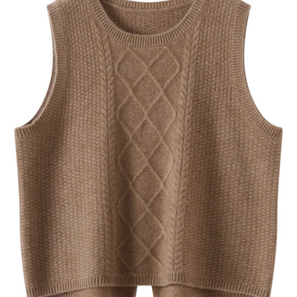 Autumn and Winter Cashmere Vest for Women, Round Neck, Thickened, Short Front and Long Back, Loose Fit, Sleeveless, Back Slit, Knitted Sweater