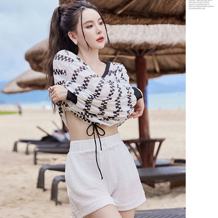 2024 new swimsuit women's split four-piece suit belly covering slimming gathered small chest South Korea ins style Hot Spring