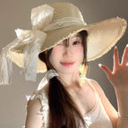 Large brim raw edge lace pearls-beige / M（56-58cm）