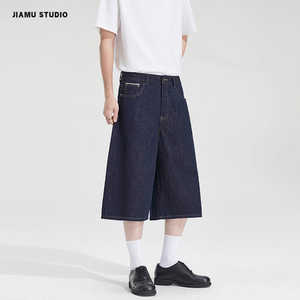 Jimau American Retro Cleanfit Denim Two-Color Cropped Jeans Unisex Loose Straight Versatile Shorts