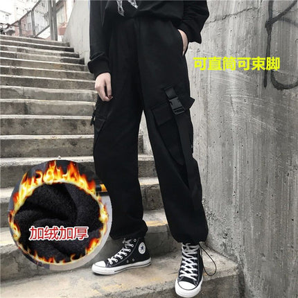 Thin/velvet Spring and Summer Korean Style ins Cargo Pants for Men and Women Loose Sports and Leisure Students Leg-tie Straight Wide-leg Pants