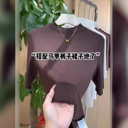 Solid Color Half Turtleneck Elastic Inner Quarter-Sleeved Bottoming Shirt Top for Women Spring New Versatile Slimming Look Elegant T-Shirt