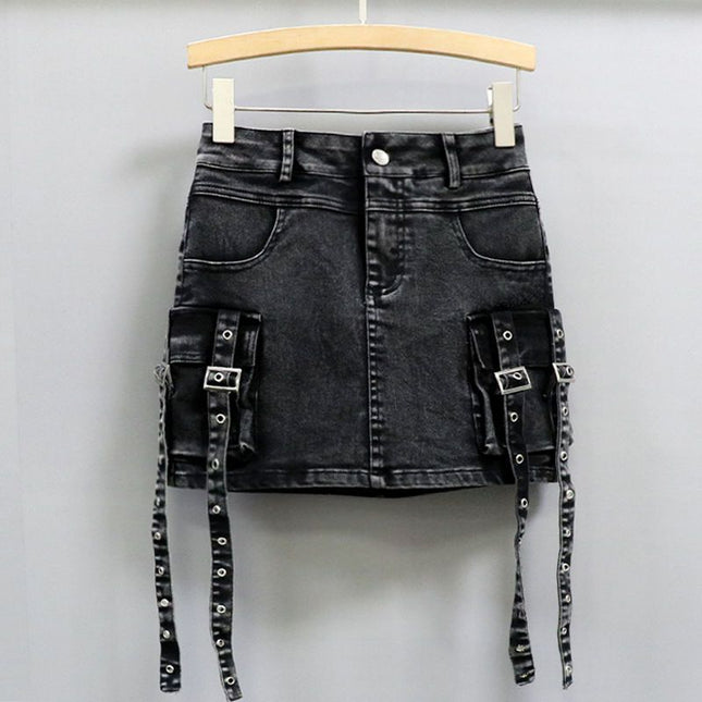 Retro Black and Gray Spicy Girl Style Ribbon Sweet Cool Denim Short Skirt for Women, Spring and Summer High-Waisted Workwear Ins Elastic Bodycon Skirt