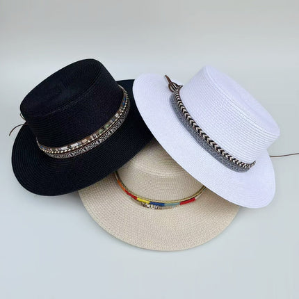 Bohemian Cowboy Style Flat-Top Straw Hat for Women's Summer Travel and Vacation Sun Protection Hat for Shopping and Versatile Flat-Brimmed Hat