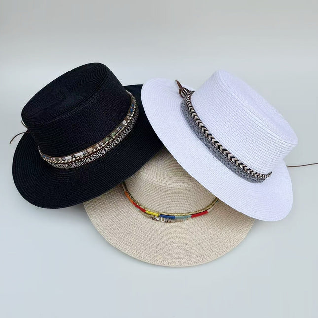 Bohemian Cowboy Style Flat-Top Straw Hat for Women's Summer Travel and Vacation Sun Protection Hat for Shopping and Versatile Flat-Brimmed Hat