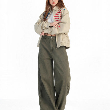 Khaki Wide-Leg Cargo Jeans for Women, Autumn 2025 New American Design, Loose Straight-Leg Floor-Length Pants
