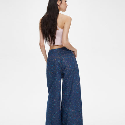 Women's Summer Printed Wide-Leg Denim Casual Pants, Versatile Loose Straight-Leg Floor-Length Pants, High-Waisted and Slimming