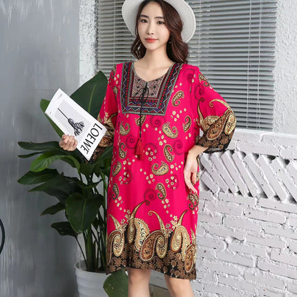 Extra Large Size Ethnic Style Round Neck Three-Quarter Sleeve Dress Loose Embroidered Flower Cotton Silk Travel Beach Skirt for Women