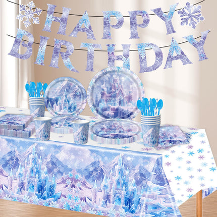 Cross-Border Ice and Snow Castle Happy Birthday Theme Cartoon Children's Party Supplies Tableware Set Birthday Arrangement Flag