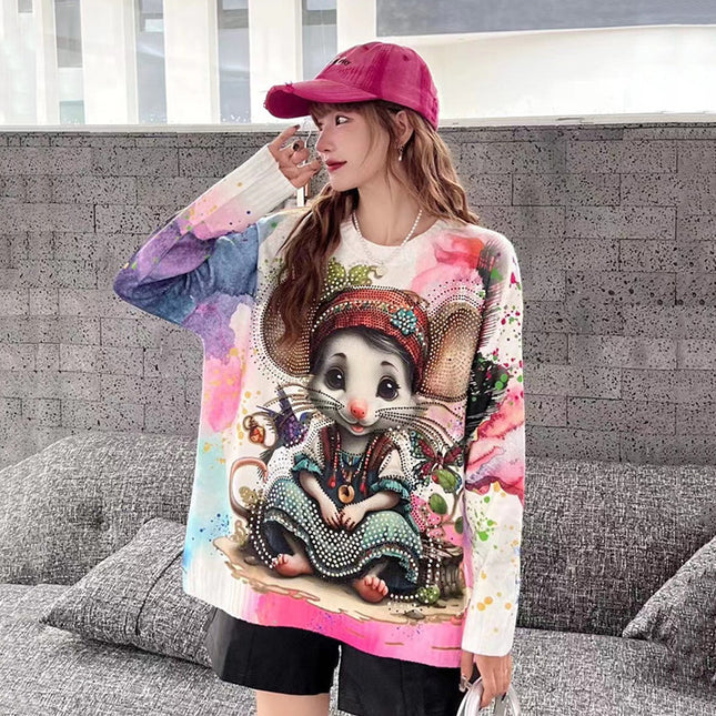 2025 Autumn and Winter New Heavy Industry Hot Drilling Tie-Dyeing Cartoon Sweater Women's Loose Fashion Top European Belly Covering Sweater