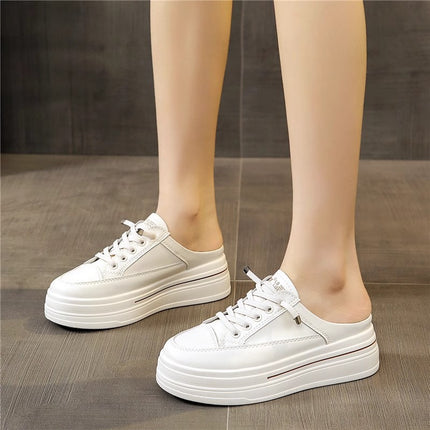 White Shoes with Toe Caps and Half Slippers for Women with Thick Soles and Inner Heightening 2025 Summer New Style, Fashionable and Versatile for Lazy People to Wear Outside and Casual