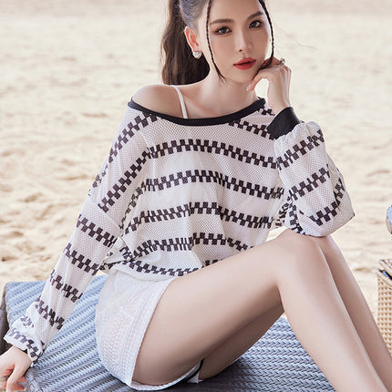 2024 new swimsuit women's split four-piece suit belly covering slimming gathered small chest South Korea ins style Hot Spring