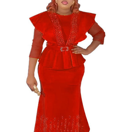 Special supply African-style waist top with long overskirt nail beads drilling solid color European and American plus size dress
