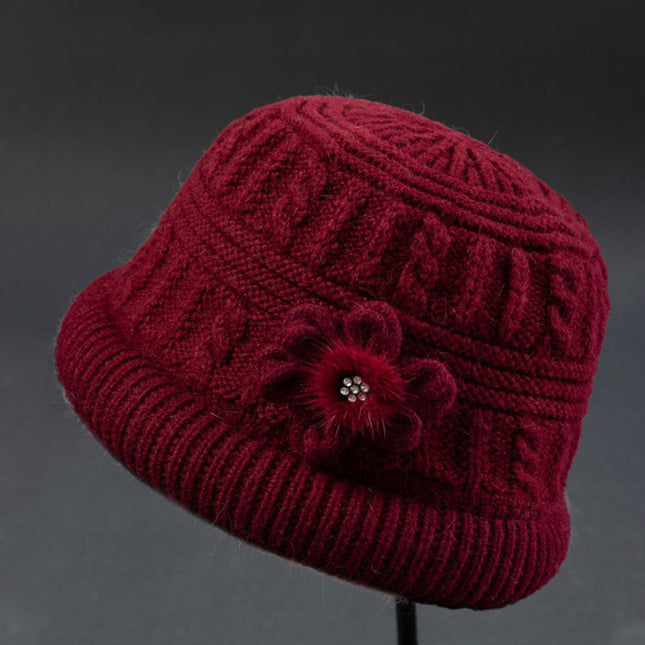 Middle-aged and elderly autumn and winter mother's hat scarf set fleece-lined thickened warm wool knitted hat women's basin hat winter