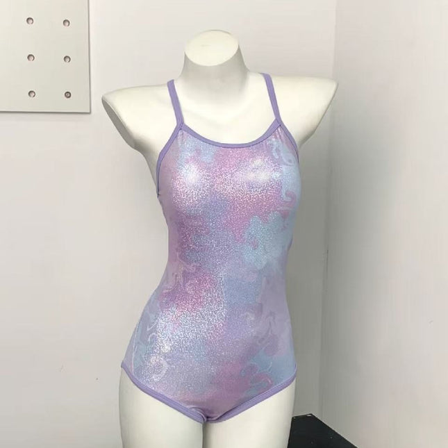 Colorful 2025 New Racing One-Piece Swimsuit for Women, Starry Sky Purple Glittering Fixed Breast Cup Swimming Pool Special Swimsuit