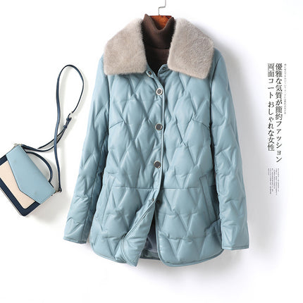Genuine Leather Women's Coat with Mink Fur Collar, High-End Elegant White Duck down Sheepskin 2025 New Model Haining Leather down Jacket