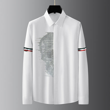 Men's Luxury Fashion Non-Iron High-End Solid Color Long-Sleeve Shirt with Rhinestone Trim Versatile Pure White Men's Shirt