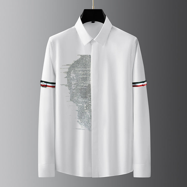 Men's Luxury Fashion Non-Iron High-End Solid Color Long-Sleeve Shirt with Rhinestone Trim Versatile Pure White Men's Shirt