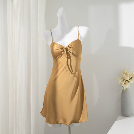 Aura* Romantic Pure Lust Style Ice Silk Pajamas for Women Spring and Summer Sexy Bow Suspender Nightgown with Breast Pads