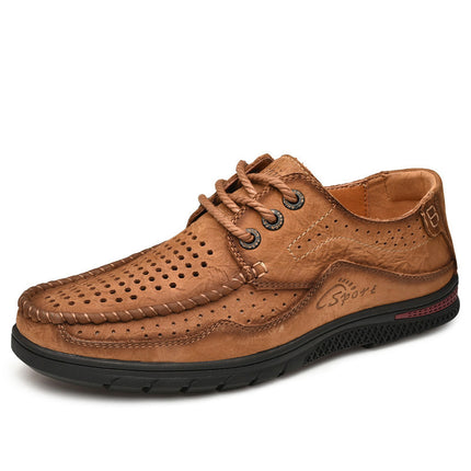 Leather Shoes Men's 2025 New Summer Breathable Hollow-out Leather Shoes Men's Leather Top Layer Cowhide Low-top Lace-up Casual Shoes