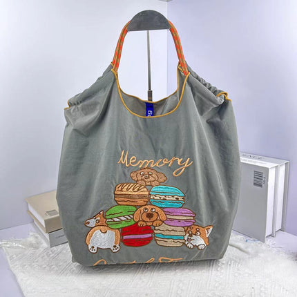 High-Quality Japanese-Style Ball Chain Eco-Friendly Shopping Bag Nylon Fabric Embroidered Floral Tote Nylon Canvas Bag