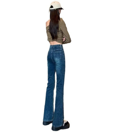 Blue Jeans Women's Small High Waist Slim-fit Slim Look Tall Micro-flared Pants Korean-style Stretch All-match Mop Pants
