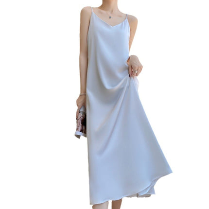 Simulated Silk Satin Suspender Dress for Women in Spring and Summer with Suit Acetate French Mid-length Design Niche Trend