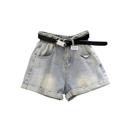 Black Grey Denim Shorts Women's Summer New Western Style Hot Drilling Slim Retro High Waist Curled Wide Leg Pants Hot Trendy Pants