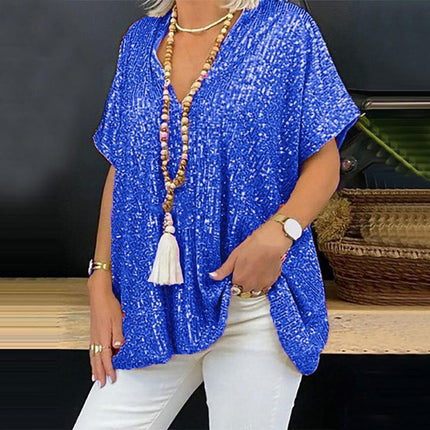 2025 New European and American Amazon Short-Sleeved Urban Casual Color Loose Pullover Sequined V Neck T-Shirt Tops for Women