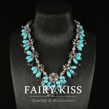 Vintage New Women's Turquoise Elegant Glass Light Luxury Necklace with Unique Niche Brooch Tassel Earrings Set