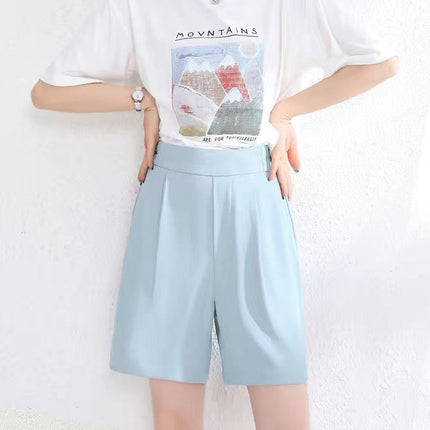 Ice Silk Suit Shorts Women's Summer Thin Five-quarter Pants Loose Wide-leg High-waisted Large Size Double-button Straight Slim Mid-pants