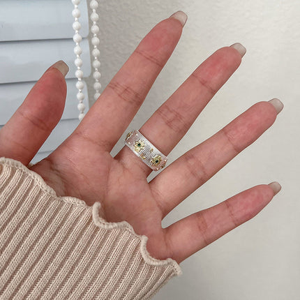 Cloth Style Retro Green Sparkling Diamond Starburst Ring Women's Ring Niche Design 2024 New Trendy Korean Accessible Luxury