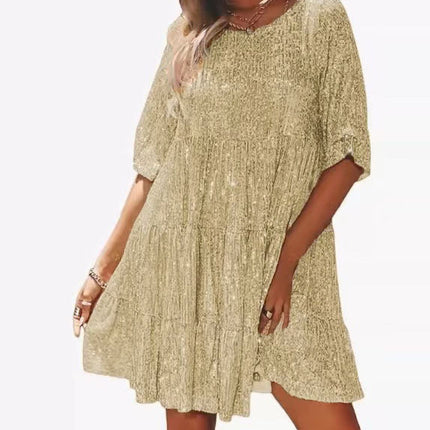 Cross-Border European and American Style Glitter Sequin Half-Sleeved Round Neck Ruffled Loose Short-Sleeved Dress Banquet Dress 10 Colors