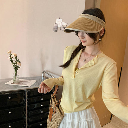 Elegant Slimming Button Design Long Sleeve T-Shirt for Women Early Spring Slim Fit Casual Base Layer Top