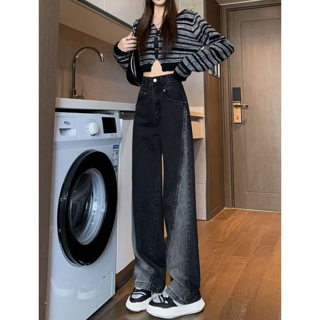 plus size Black Grey Wide Leg Jeans Women's Trendy All-match Stitching Contrast Color High Waist Dosing Narrow Straight Long Pants