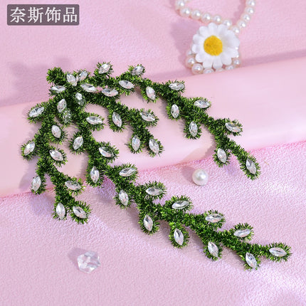 Nais Ns368 Forest-Style Green Branch and Leaf Twist Stick Hair Accessory with Rhinestone Embellishments for Bridal Wedding Photoshoot