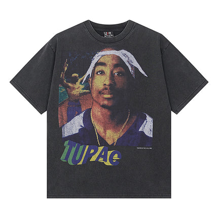 Saint Michael Cho Big Face European and American Retro Washed and Distressed Commemorative Portrait Short-Sleeved T-Shirt Trendy