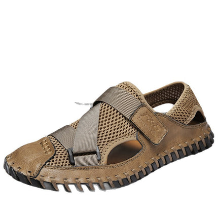 Cross-Border Hot-Selling Summer New Products Large Size Hand-Stitched Casual Breathable Mesh Genuine Leather Toe-Cap Sandals and River Shoes
