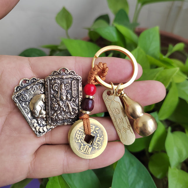 Pure Brass Zhao Gongming Lucky Order Hulu Wu God of Wealth Retro Keychain Pendant Shoucai Car Hanging Keychain