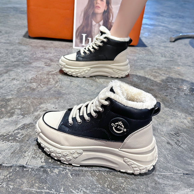Women's Snow Boots 2026 New Autumn and Winter Short Boots with Fleece Lining, Thickened for Warmth, High-Top White Shoes Hx-Q037