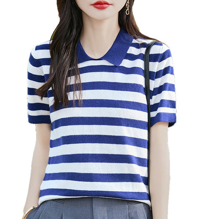 New Summer Women's Knitted Short-Sleeved Korean Style Polo Collar Stripesd Contrast Knitted T-Shirt Jacket Women's Tops Wholesale