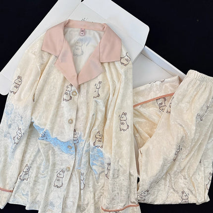 Velvet Pajamas for Women, Cute Rabbit Autumn and Winter Long-Sleeve Long Pants Sweet and Cute Warm Loungewear Two-Piece Set